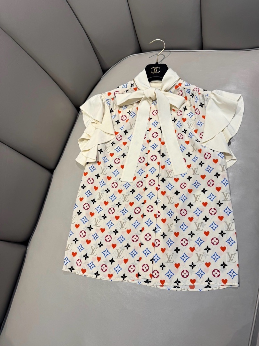 Louis Vuitton Ivory Bow-Neck Short Sleeve Top with Multicolor Monogram - Picture 1 of 6